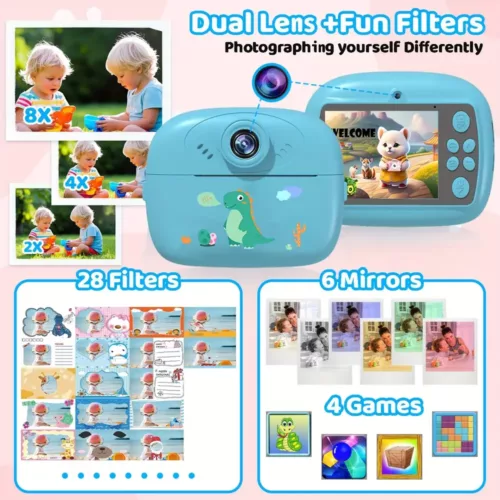 Appareil photo instantané enfant 1080P – double objectif, impression HD