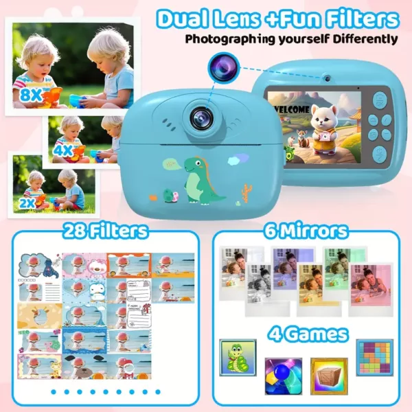 Appareil photo instantané enfant 1080P – double objectif, impression HD