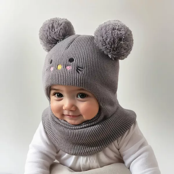 Bonnet enfant tricoté avec oreilles de chat et cache-cou assorti – 1 pièce