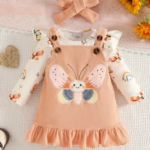 Ensemble naissance bébé fille en velours avec robe, haut volanté et bandeau