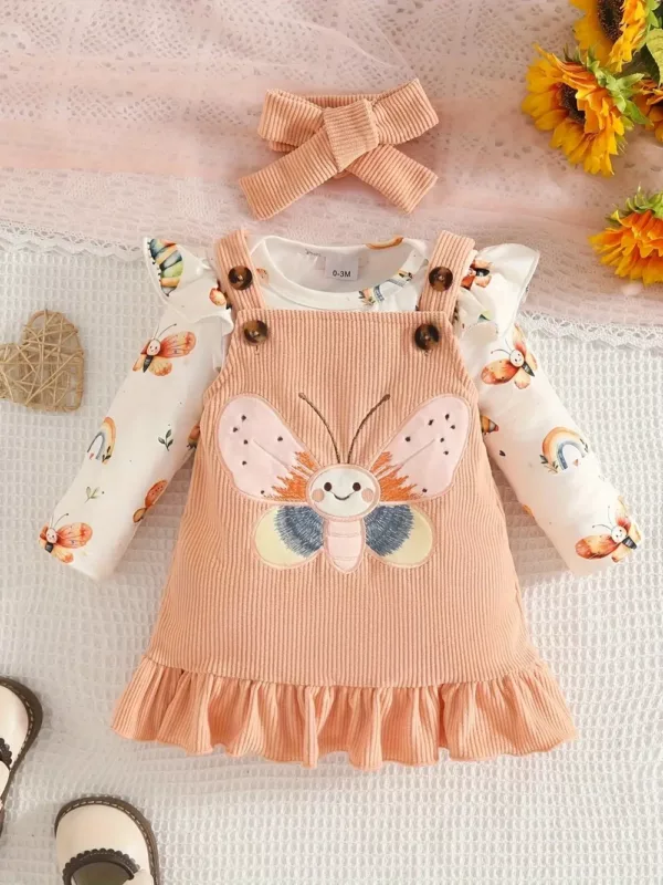 Ensemble naissance bébé fille en velours avec robe, haut volanté et bandeau