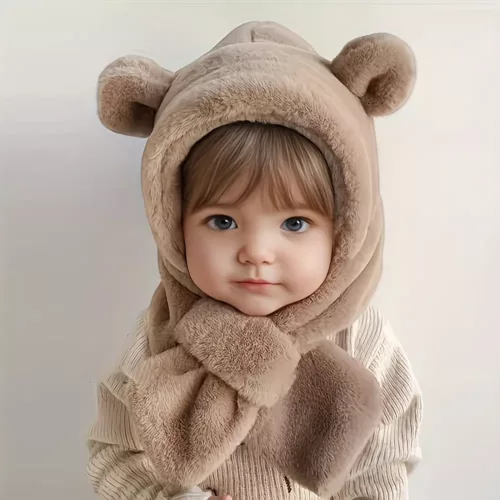 Lot de 2 bonnets et tour de cou bébé en peluche chaude – motif ourson hiver