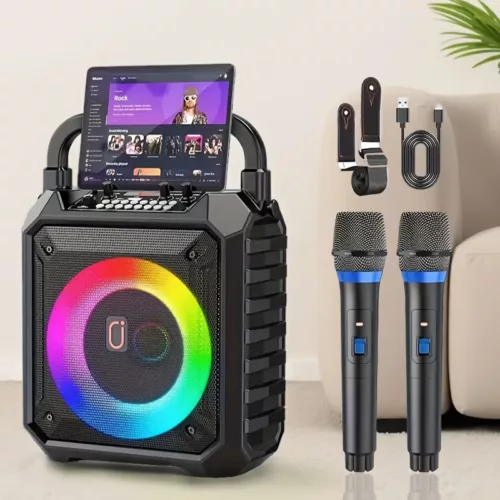 Enceinte Bluetooth avec 2 micros sans fil – Karaoké portable à lumières LED