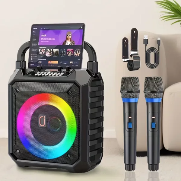 Enceinte Bluetooth avec 2 micros sans fil – Karaoké portable à lumières LED