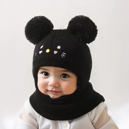 Bonnet enfant tricoté avec oreilles de chat et cache-cou assorti – 1 pièce