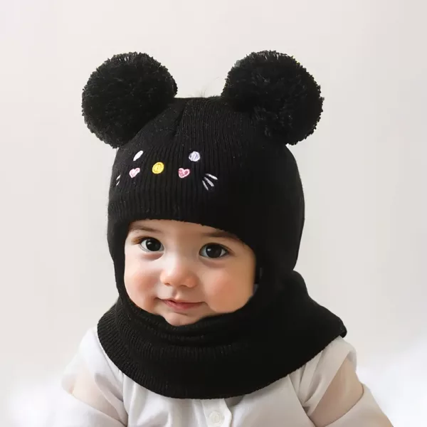 Bonnet enfant tricoté avec oreilles de chat et cache-cou assorti – 1 pièce