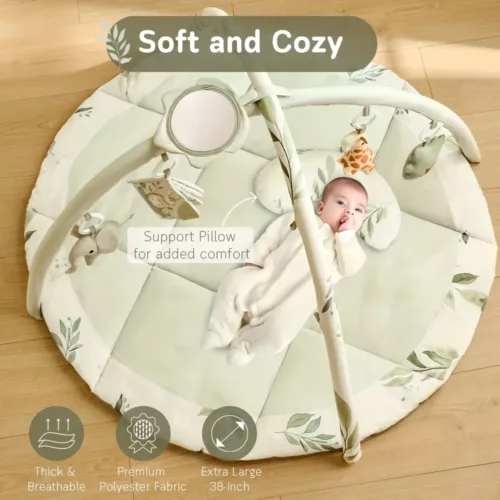 Tapis d’éveil bébé avec jouets suspendus et oreiller – usage dès la naissance