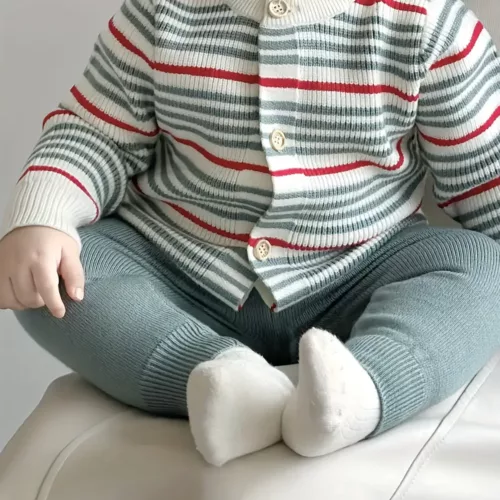 Ensemble naissance bébé fille – cardigan rayé polaire et pantalon chaud extérieur