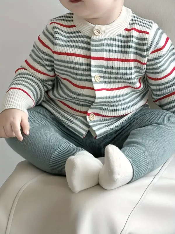 Ensemble naissance bébé fille – cardigan rayé polaire et pantalon chaud extérieur