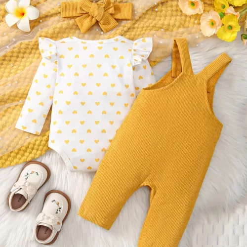 Ensemble 3 pièces bébé fille – barboteuse cœur, salopette velours, bandeau assorti