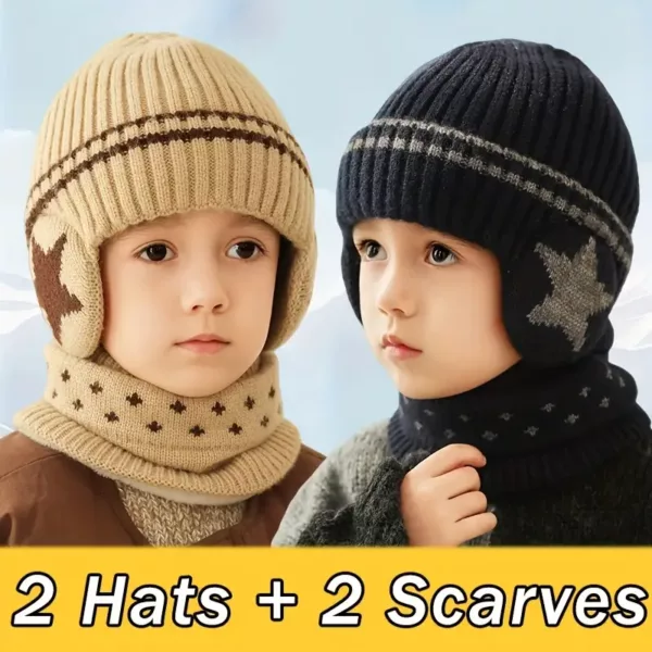 Ensemble bonnet et tour de cou enfant hiver – maille douce chaude mixte 4 pièces