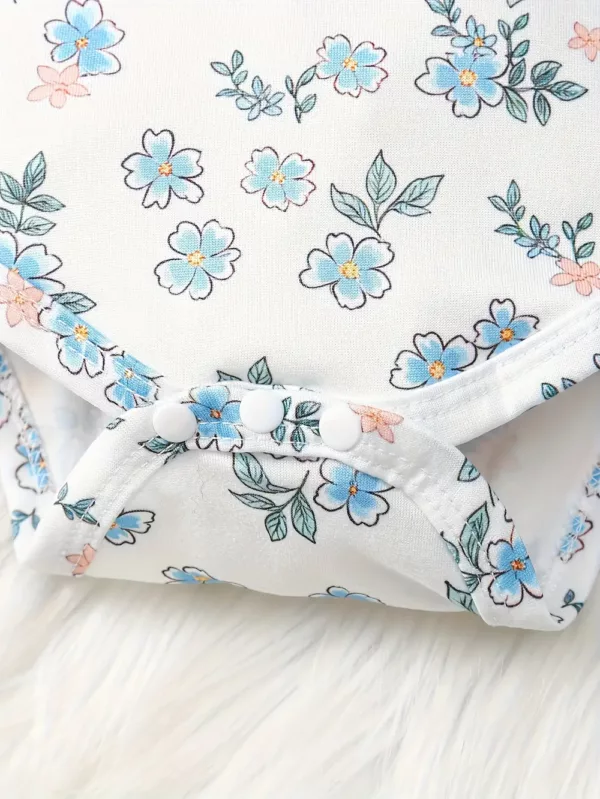 Ensemble naissance 3 pièces bébé fille – flanelle florale avec volants et nœud