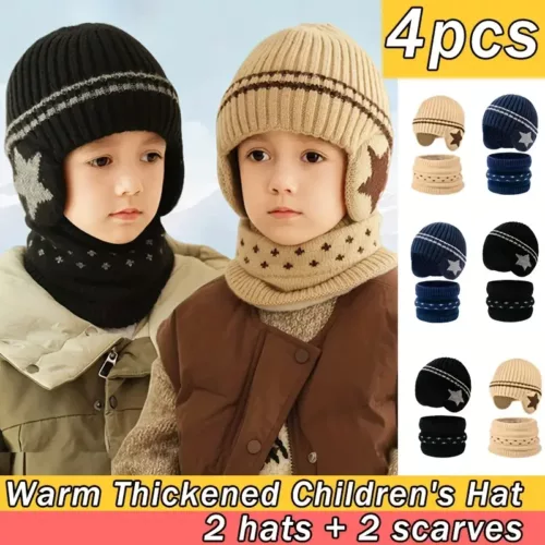 Ensemble bonnet et tour de cou enfant hiver – maille douce chaude mixte 4 pièces
