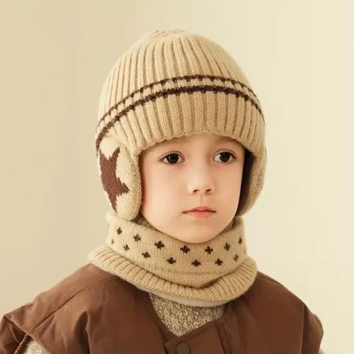 Ensemble bonnet et tour de cou enfant hiver – maille douce chaude mixte 4 pièces