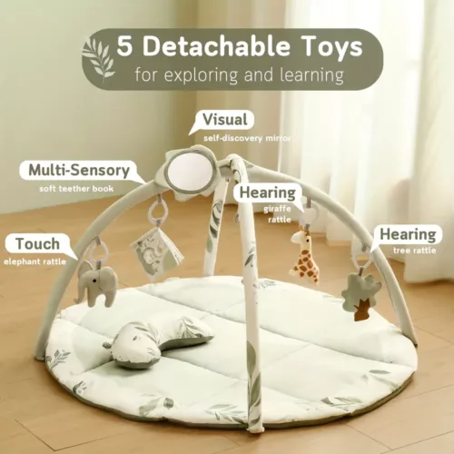 Tapis d’éveil bébé avec jouets suspendus et oreiller – usage dès la naissance