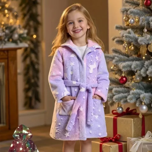 Robe de chambre enfant en flanelle douce avec capuche – effet phosphorescent