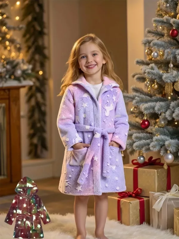 Robe de chambre enfant en flanelle douce avec capuche – effet phosphorescent