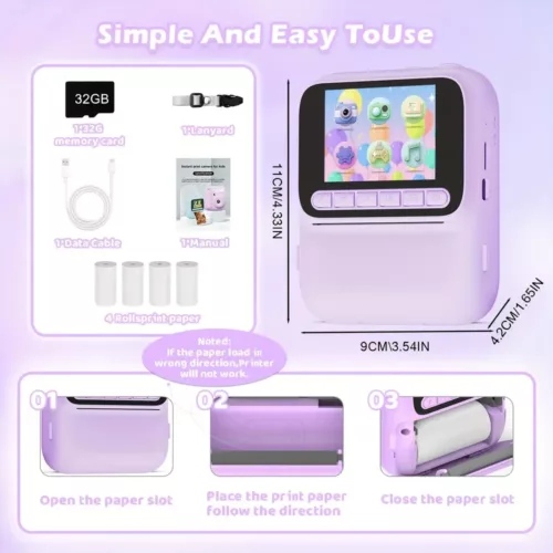Appareil photo instantané enfant 48MP avec impression thermique et carte 32Go