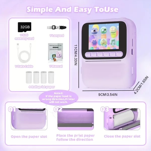 Appareil photo instantané enfant 48MP avec impression thermique et carte 32Go