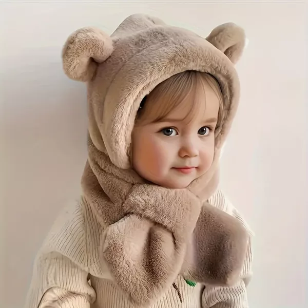 Lot de 2 bonnets et tour de cou bébé en peluche chaude – motif ourson hiver