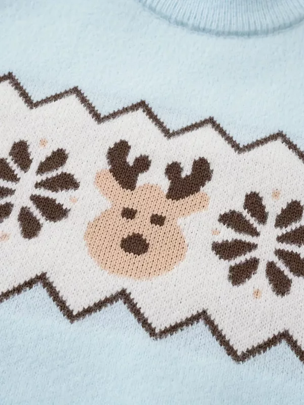 Pull de Noël enfant col rond avec motif renne et flocons en maille douce