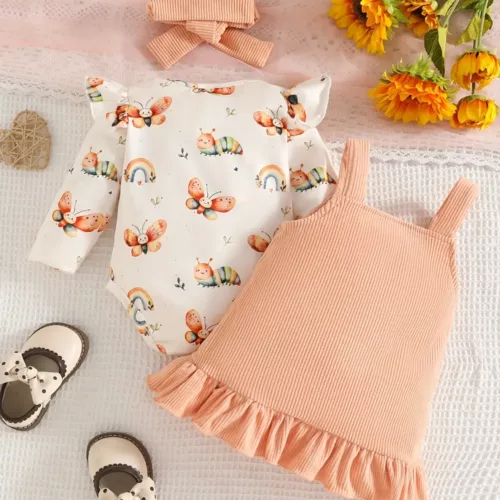 Ensemble naissance bébé fille en velours avec robe, haut volanté et bandeau