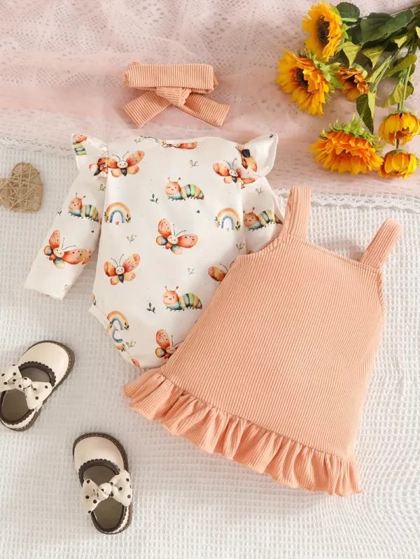 Ensemble naissance bébé fille en velours avec robe, haut volanté et bandeau
