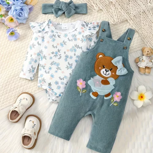 Ensemble naissance 3 pièces bébé fille – flanelle florale avec volants et nœud