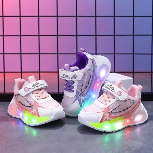 Baskets LED fille avec paillettes et cœurs – respirantes et ludiques