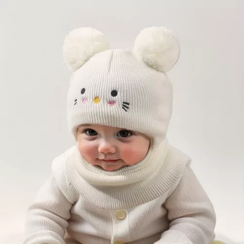Bonnet enfant tricoté avec oreilles de chat et cache-cou assorti – 1 pièce