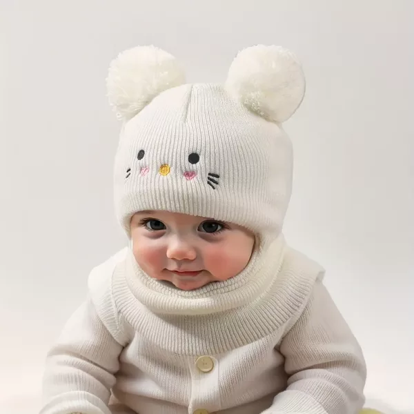 Bonnet enfant tricoté avec oreilles de chat et cache-cou assorti – 1 pièce