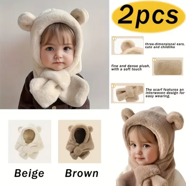 Lot de 2 bonnets et tour de cou bébé en peluche chaude – motif ourson hiver