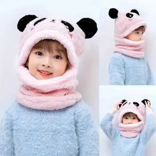 Bonnet fille avec capuche à oreilles et doublure peluche – écharpe intégrée chaude