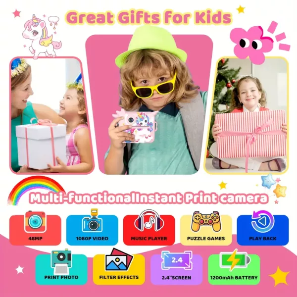 Appareil photo instantané enfant – Impression thermique rapide en 3 secondes