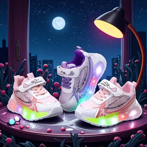 Baskets LED fille avec paillettes et cœurs – respirantes et ludiques