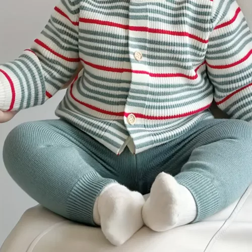 Ensemble naissance bébé fille – cardigan rayé polaire et pantalon chaud extérieur