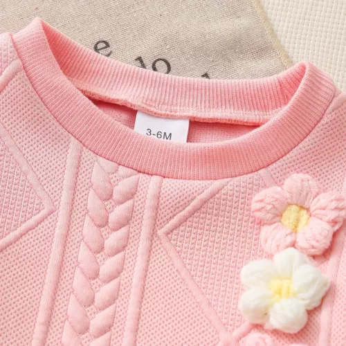 Ensemble naissance bébé fille 2 pièces – haut fleuri à pompons et pantalon doux