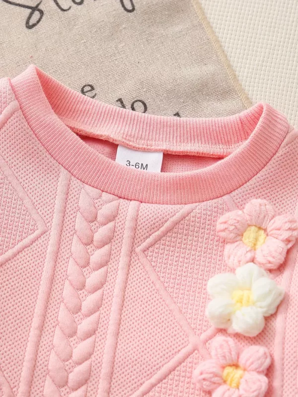 Ensemble naissance bébé fille 2 pièces – haut fleuri à pompons et pantalon doux