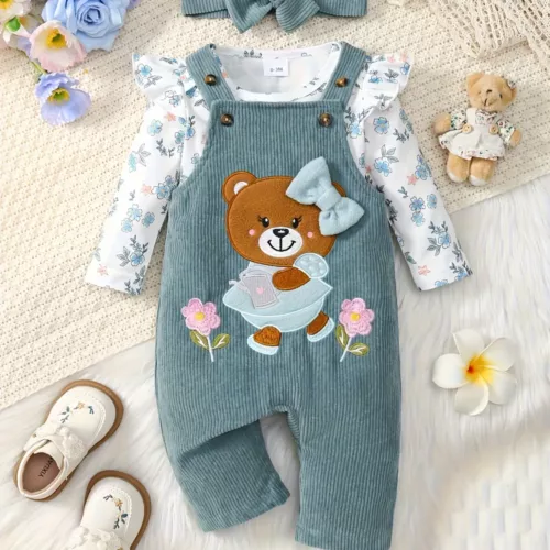 Ensemble naissance 3 pièces bébé fille – flanelle florale avec volants et nœud