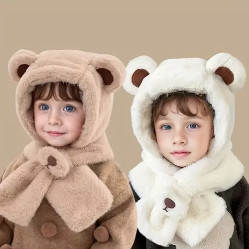 Ensemble bonnet et écharpe enfant motif ours – chaud et doux pour l’hiver