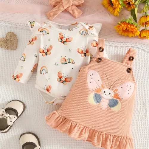 Ensemble naissance bébé fille en velours avec robe, haut volanté et bandeau