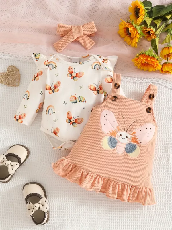 Ensemble naissance bébé fille en velours avec robe, haut volanté et bandeau