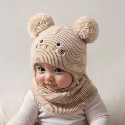 Bonnet enfant tricoté avec oreilles de chat et cache-cou assorti – 1 pièce