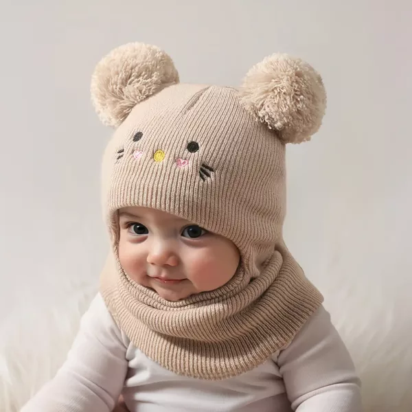 Bonnet enfant tricoté avec oreilles de chat et cache-cou assorti – 1 pièce