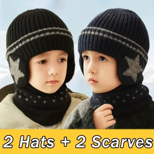 Ensemble bonnet et tour de cou enfant hiver – maille douce chaude mixte 4 pièces