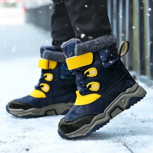 Bottes de neige enfant fourrées antidérapantes à rayures – hiver chaud et confort