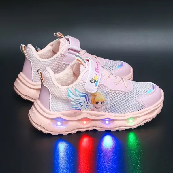 Baskets LED enfant avec ailes lumineuses et étoiles – maille respirante rose