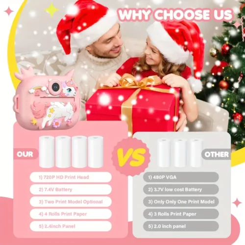 Appareil photo instantané enfant 2 en 1 avec selfie, vidéo HD et impression thermique