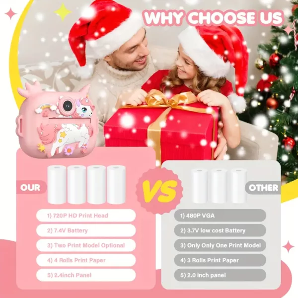 Appareil photo instantané enfant 2 en 1 avec selfie, vidéo HD et impression thermique