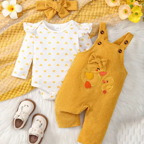 Ensemble 3 pièces bébé fille – barboteuse cœur, salopette velours, bandeau assorti